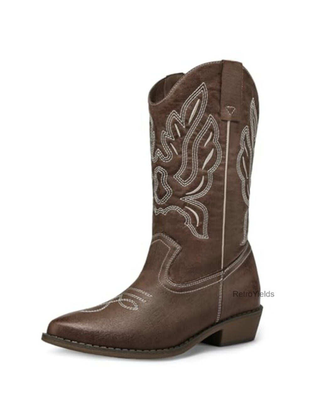 Women's Mid Calf Cowboy Boots Chunky Block Heel Embroidered Western Pull On